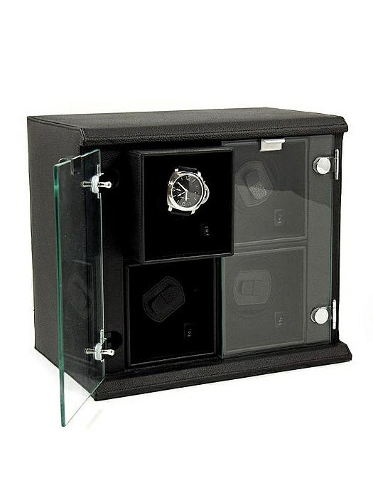 Black Leather Quadruple Watch Winder with Removable Individual Winders