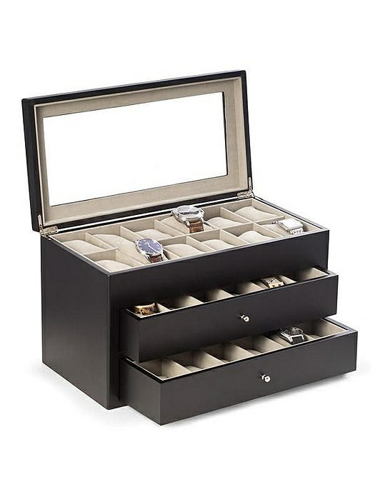 Matte Black Wood 36 Watch Box with Glass Top & 2 Drawers