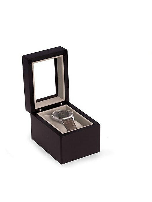 Matte Black Wood Single Watch Box with Glass Top, Velour Lining & Pillow
