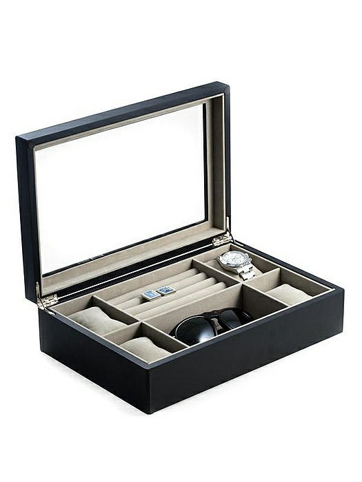 Matte Black Wood Valet and Watch Box with Glass Top