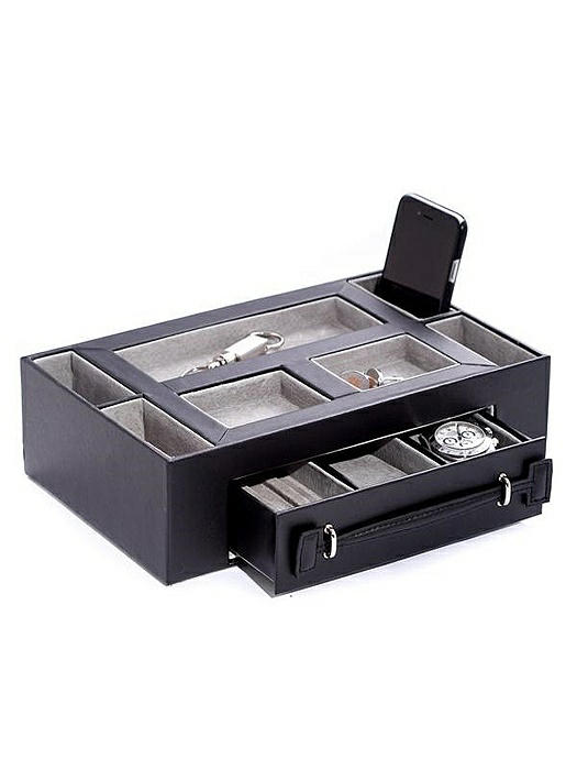 Black Leather Open Face Valet Box with Drawer