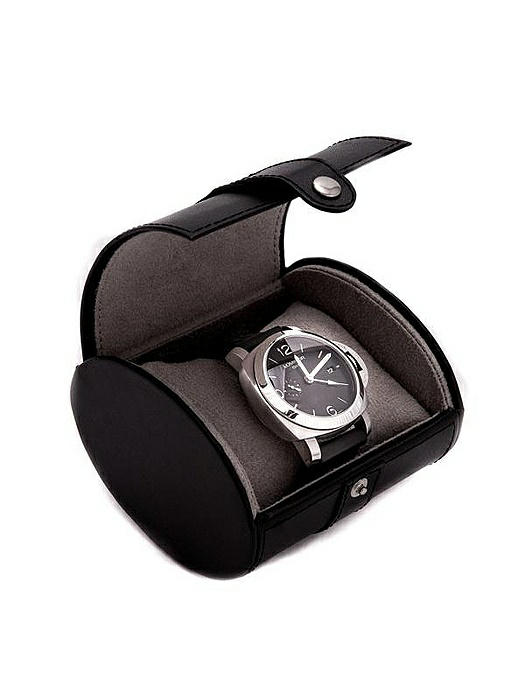 Black Leather Single Watch Travel Case with Snap Closure