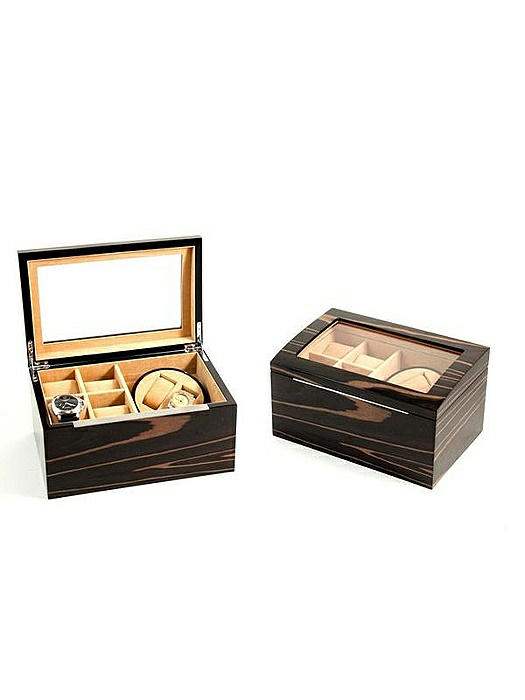 Lacquered Ebony Burl Wood 2 Watch Winder with Storage for 4 Watches