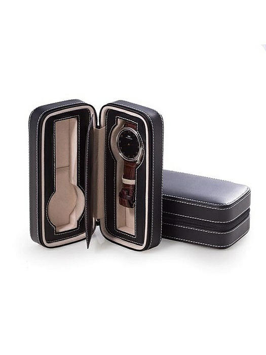 Black Leather Two Watch Travel Case with Form Fit Compartments