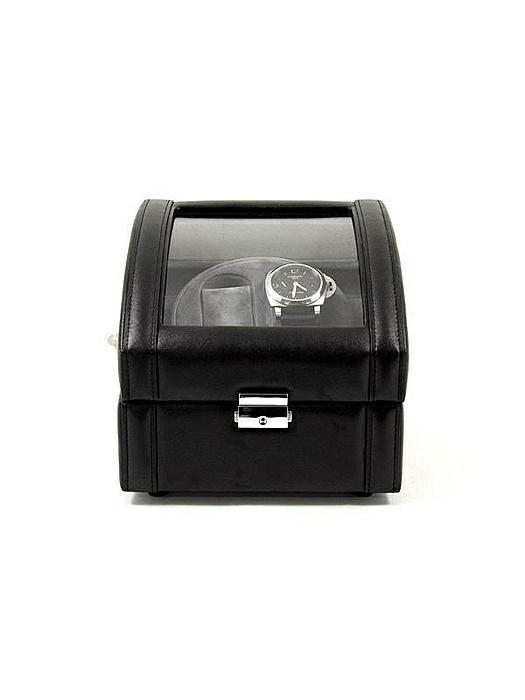 Black Leather 2 Watch Winder With Glass Top and Locking Clasp