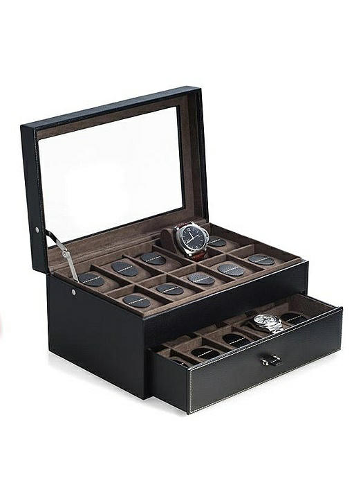 Black Leather 20 Watch Case with Glass See-thru Top and Drawer