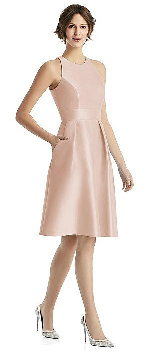 High-Neck Satin Cocktail Dress with Pockets