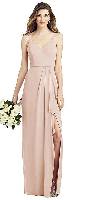 Spaghetti Strap Draped Skirt Gown with Front Slit