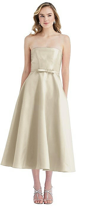 Strapless Bow-Waist Full Skirt Satin Midi Dress