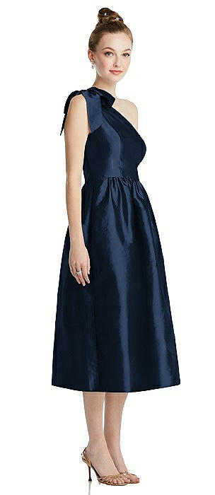 Bowed One-Shoulder Full Skirt Midi Dress with Pockets