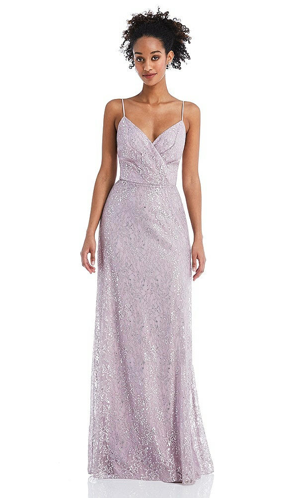 Front View - Suede Rose Draped Wrap Bodice Metallic Lace Maxi Dress
