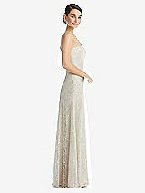 Side View Thumbnail - Champagne Metallic Lace Trumpet Dress with Adjustable Spaghetti Straps