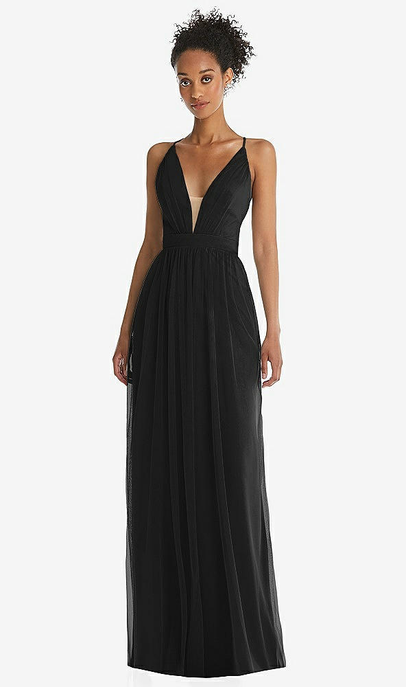 Front View - Black & Light Nude Illusion Deep V-Neck Tulle Maxi Dress with Adjustable Straps