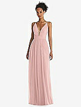 Front View Thumbnail - Rose - PANTONE Rose Quartz & Light Nude Illusion Deep V-Neck Tulle Maxi Dress with Adjustable Straps