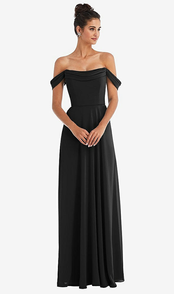 Front View - Black Off-the-Shoulder Draped Neckline Maxi Dress