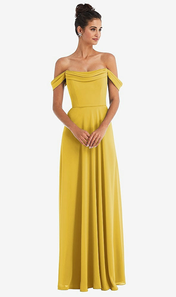 Front View - Marigold Off-the-Shoulder Draped Neckline Maxi Dress