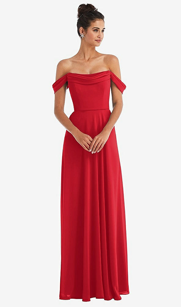Front View - Parisian Red Off-the-Shoulder Draped Neckline Maxi Dress
