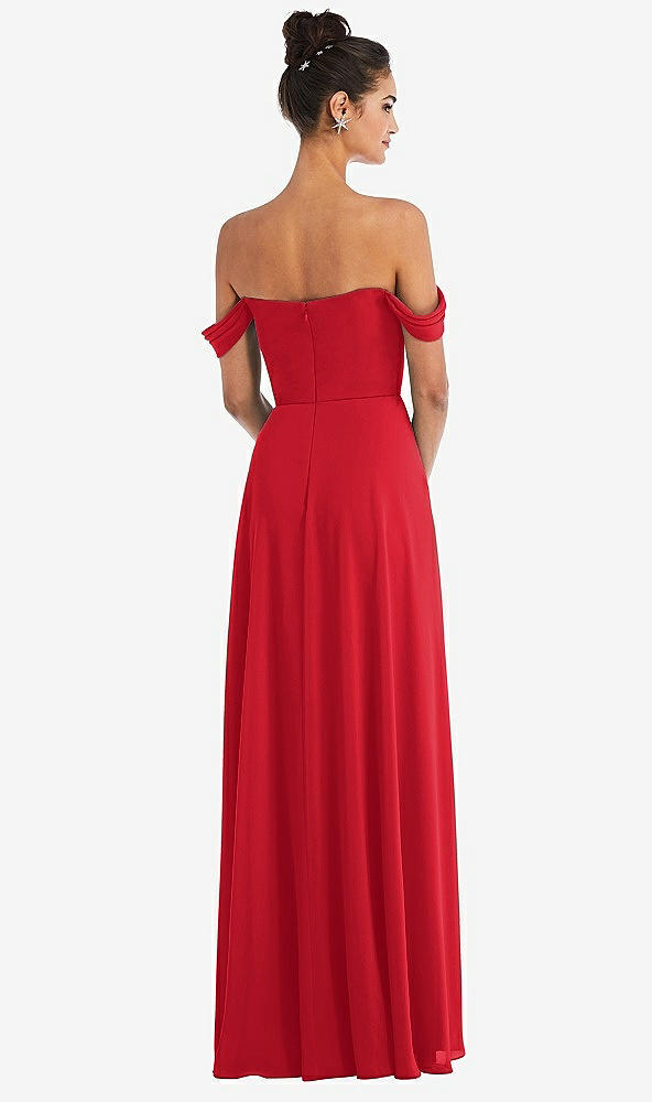Back View - Parisian Red Off-the-Shoulder Draped Neckline Maxi Dress