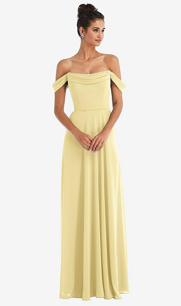 Front View - Pale Yellow Off-the-Shoulder Draped Neckline Maxi Dress