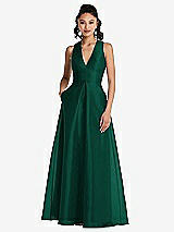 Front View Thumbnail - Hunter Green Plunging Neckline Pleated Skirt Maxi Dress with Pockets