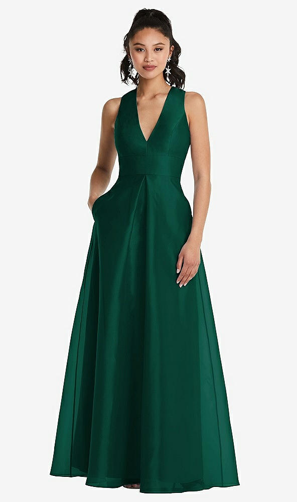 Front View - Hunter Green Plunging Neckline Pleated Skirt Maxi Dress with Pockets