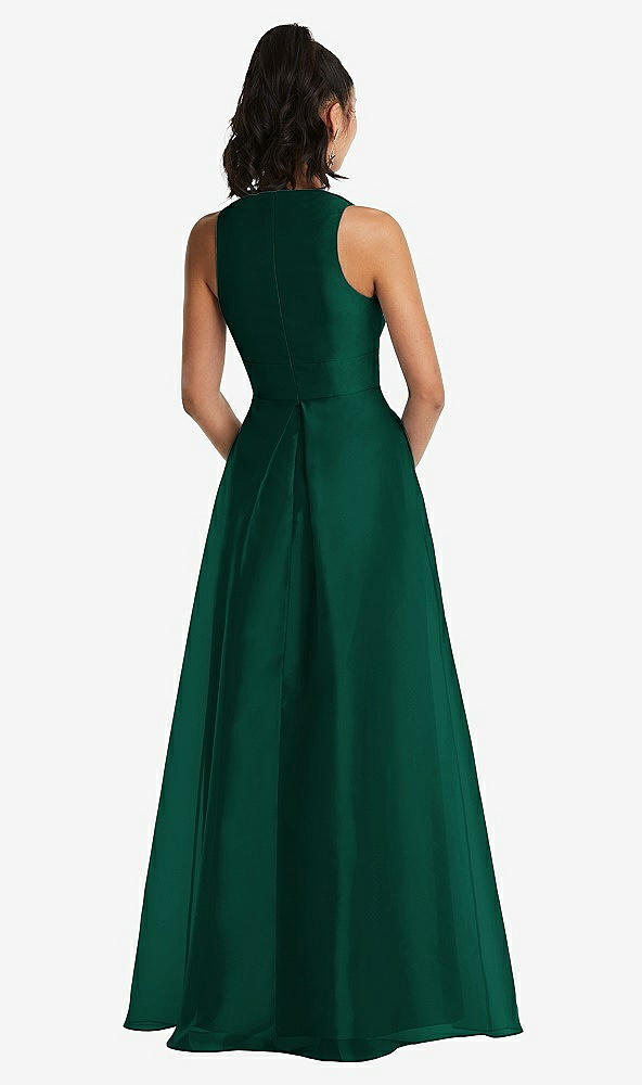 Back View - Hunter Green Plunging Neckline Pleated Skirt Maxi Dress with Pockets