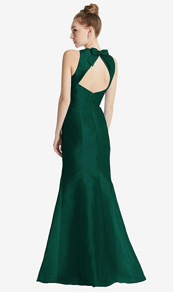 Back View - Hunter Green Bateau Neck Open-Back Maxi Dress with Bow Detail