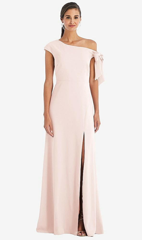 Front View - Blush Off-the-Shoulder Tie Detail Maxi Dress with Front Slit