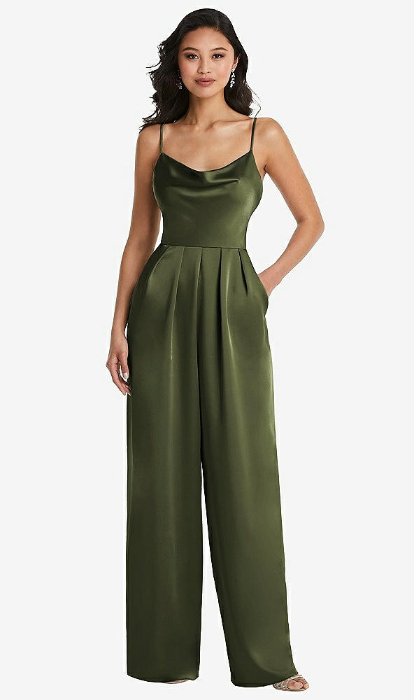 Front View - Olive Green Cowl-Neck Spaghetti Strap Maxi Jumpsuit with Pockets