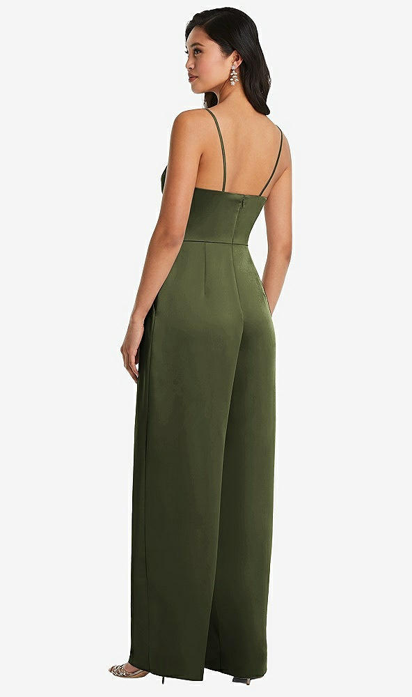 Back View - Olive Green Cowl-Neck Spaghetti Strap Maxi Jumpsuit with Pockets