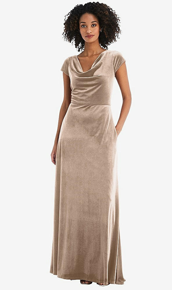 Front View - Topaz Cowl-Neck Cap Sleeve Velvet Maxi Dress with Pockets