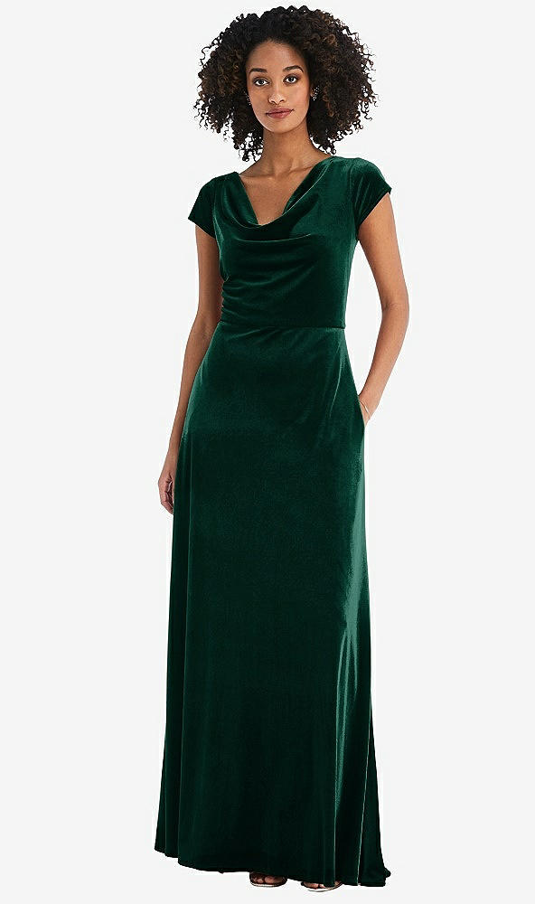 Front View - Evergreen Cowl-Neck Cap Sleeve Velvet Maxi Dress with Pockets