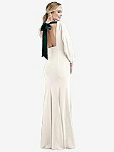 Rear View Thumbnail - Ivory & Evergreen Bishop Sleeve Open-Back Trumpet Gown with Scarf Tie