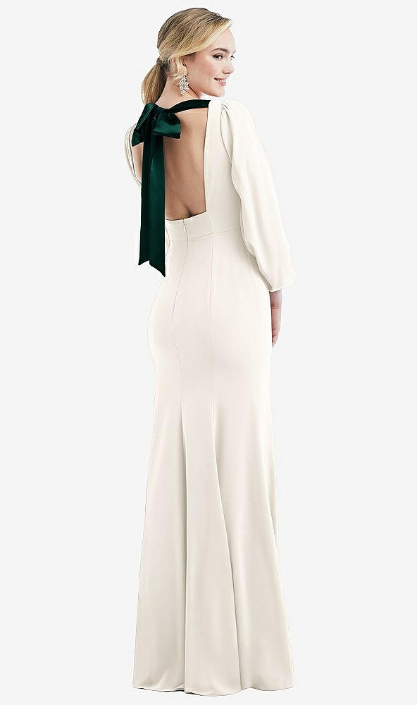 Back View - Ivory & Evergreen Bishop Sleeve Open-Back Trumpet Gown with Scarf Tie