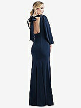 Rear View Thumbnail - Midnight Navy & Midnight Navy Bishop Sleeve Open-Back Trumpet Gown with Scarf Tie