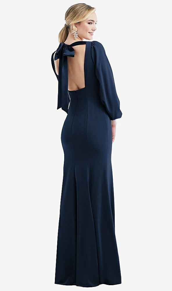 Back View - Midnight Navy & Midnight Navy Bishop Sleeve Open-Back Trumpet Gown with Scarf Tie