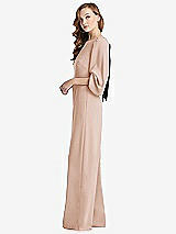 Side View Thumbnail - Cameo & Black Bishop Sleeve Open-Back Jumpsuit with Scarf Tie