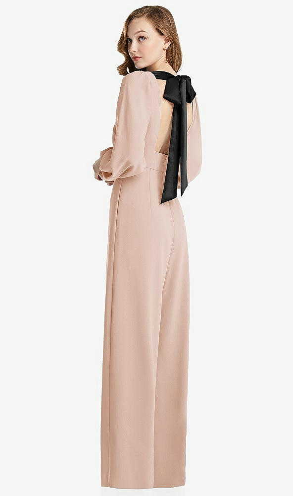 Back View - Cameo & Black Bishop Sleeve Open-Back Jumpsuit with Scarf Tie