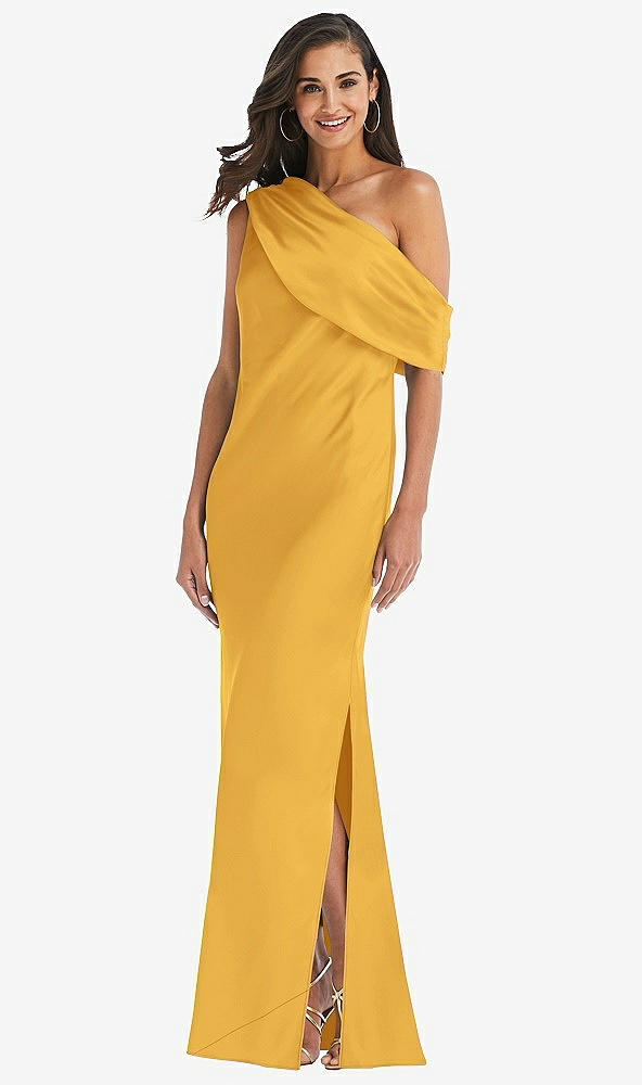 Front View - NYC Yellow Draped One-Shoulder Convertible Maxi Slip Dress