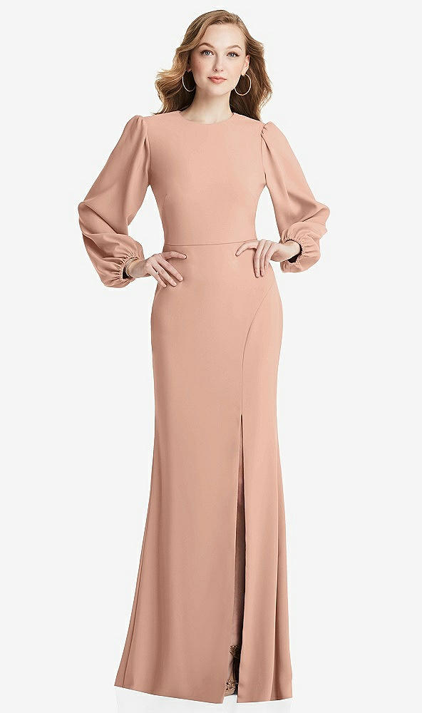 Front View - Pale Peach Long Puff Sleeve Maxi Dress with Cutout Tie-Back