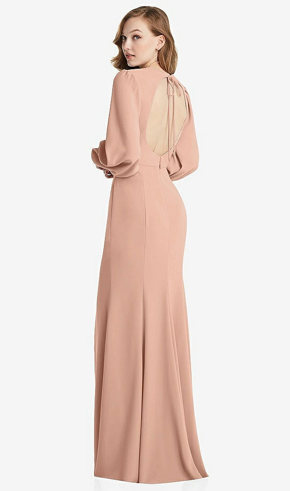Back View - Pale Peach Long Puff Sleeve Maxi Dress with Cutout Tie-Back