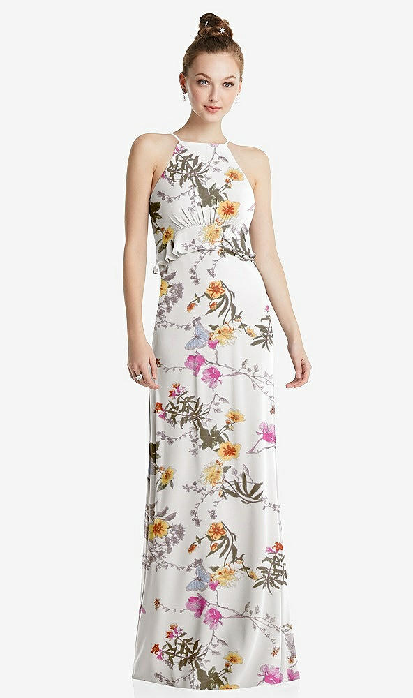 Front View - Butterfly Botanica Ivory Bias Ruffle Empire Waist Halter Maxi Dress with Adjustable Straps