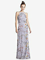 Front View Thumbnail - Butterfly Botanica Silver Dove Bias Ruffle Empire Waist Halter Maxi Dress with Adjustable Straps