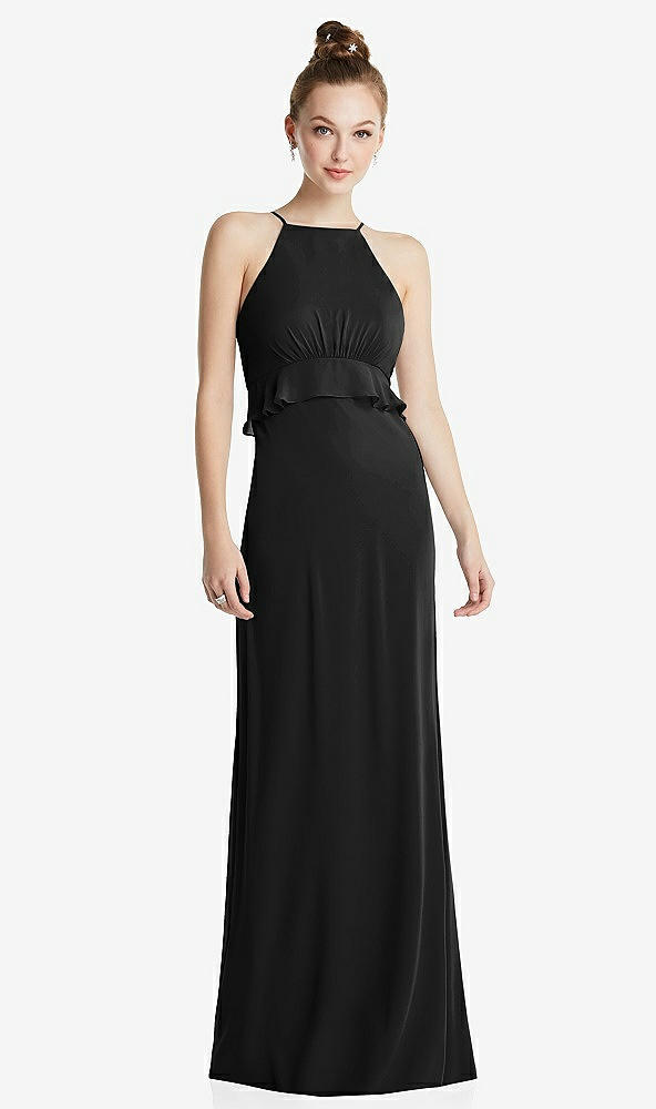 Front View - Black Bias Ruffle Empire Waist Halter Maxi Dress with Adjustable Straps