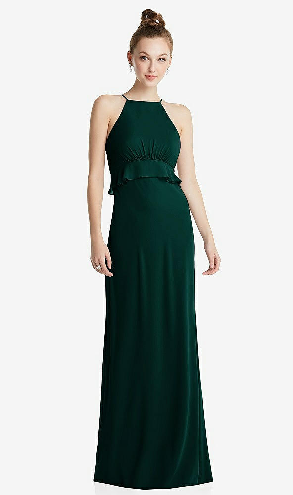Front View - Evergreen Bias Ruffle Empire Waist Halter Maxi Dress with Adjustable Straps