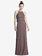 Front View Thumbnail - French Truffle Bias Ruffle Empire Waist Halter Maxi Dress with Adjustable Straps