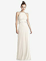 Front View Thumbnail - Ivory Bias Ruffle Empire Waist Halter Maxi Dress with Adjustable Straps