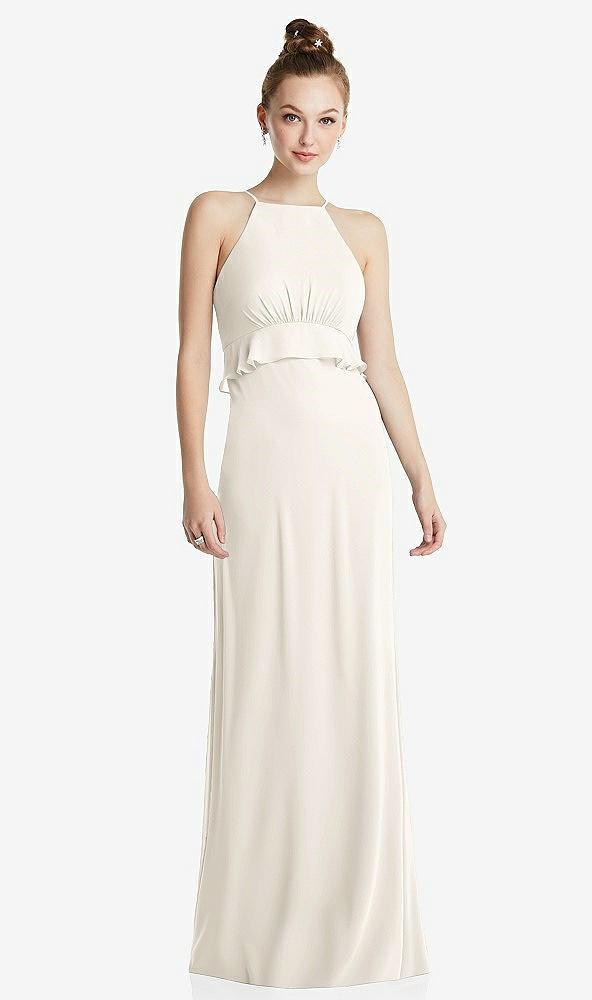 Front View - Ivory Bias Ruffle Empire Waist Halter Maxi Dress with Adjustable Straps