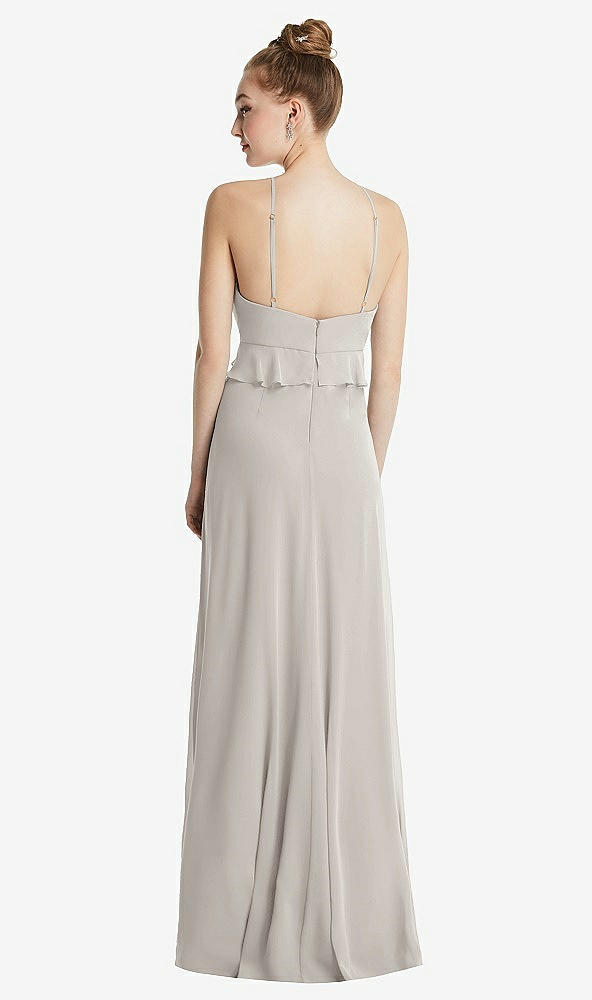 Back View - Oyster Bias Ruffle Empire Waist Halter Maxi Dress with Adjustable Straps