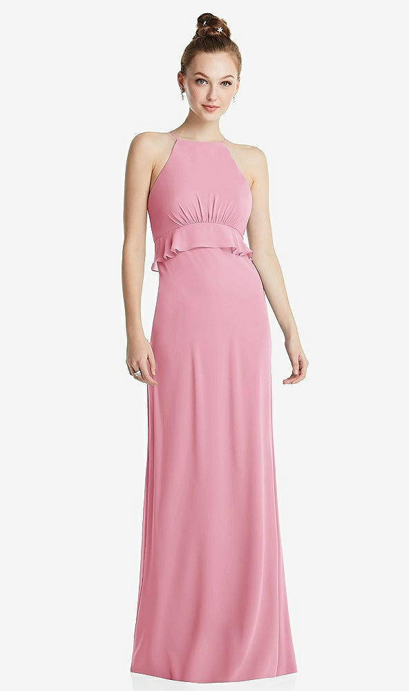Front View - Peony Pink Bias Ruffle Empire Waist Halter Maxi Dress with Adjustable Straps